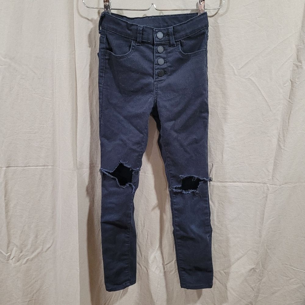 Girls 8 slim black distressed high waisted button up fly skinny jeans
